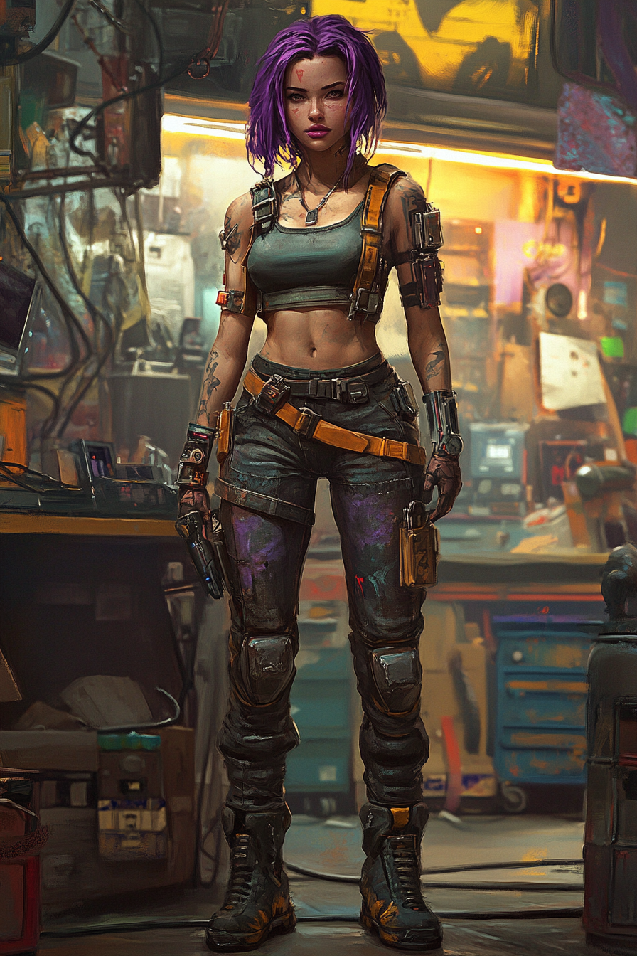 A Cyberpunk Mechanic Girl in a Neon Garage