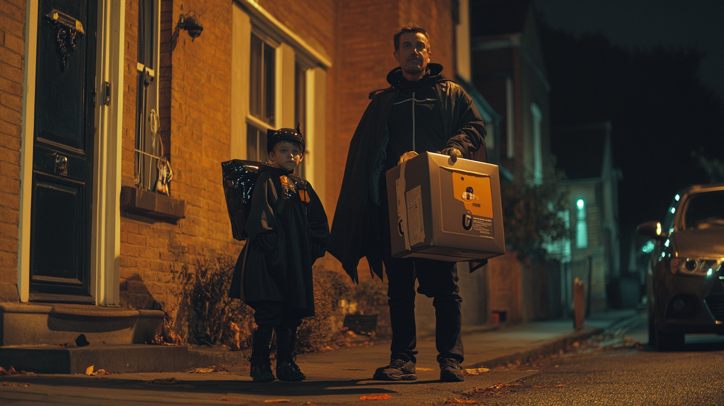 A Dad and Son in Vampire Costumes