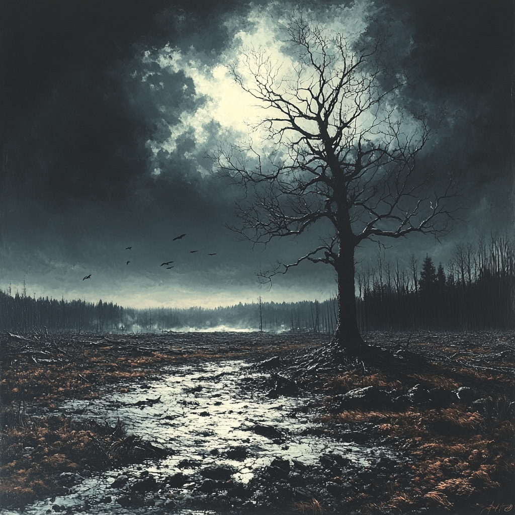 A Dark, Gothic Landscape with Rotting Dead Trees