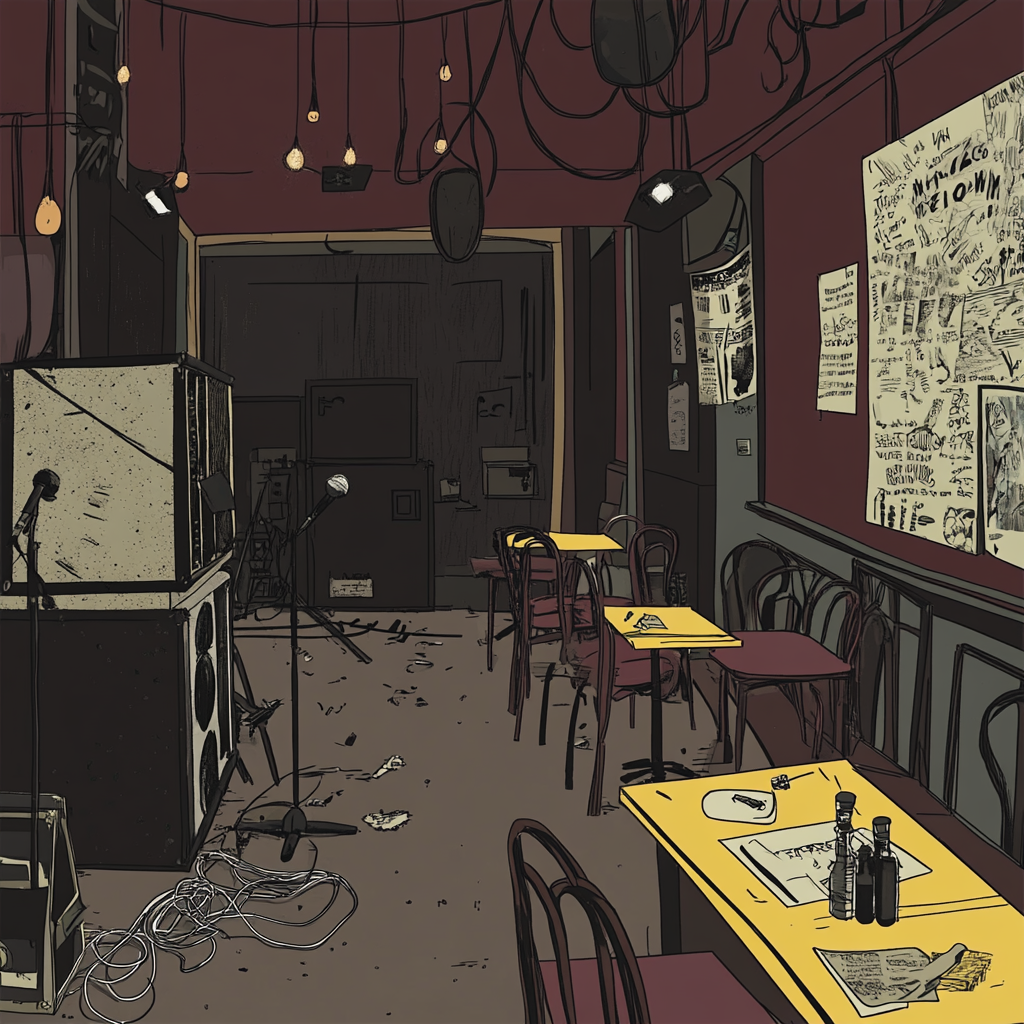 A Dark Punk-Style Brasserie with Stage View