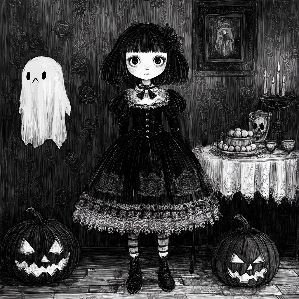 A Dark Victorian Girl in Halloween Room