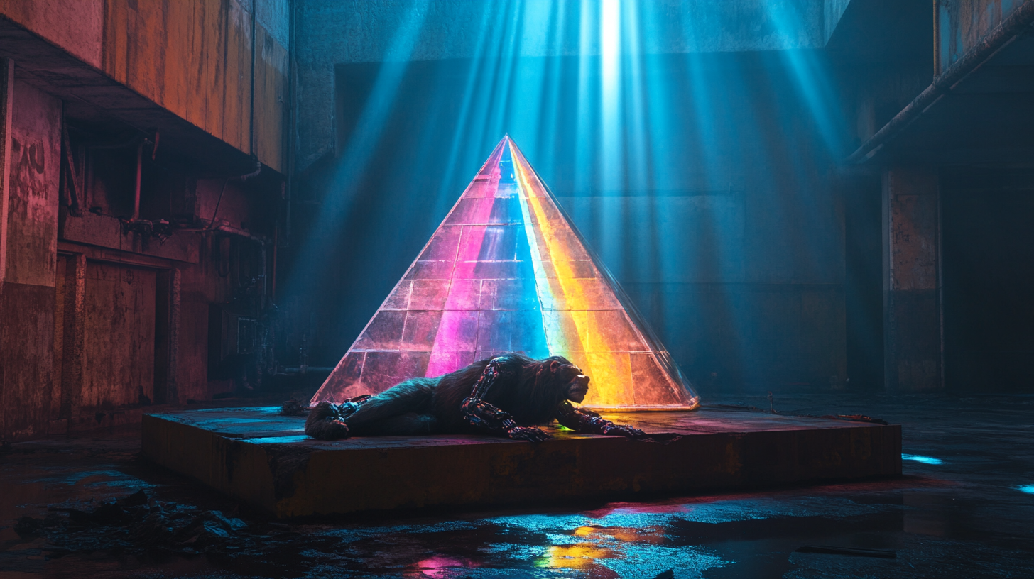 A Dead Cyborg Ape on Colorful Prism