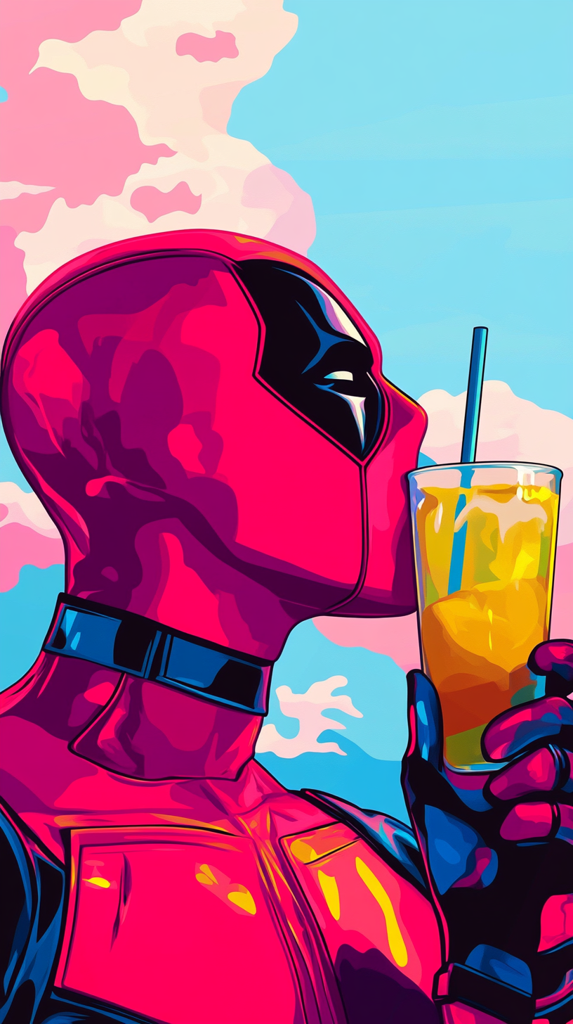 A Deadpool Drinking Lemonade in Pop Art Style