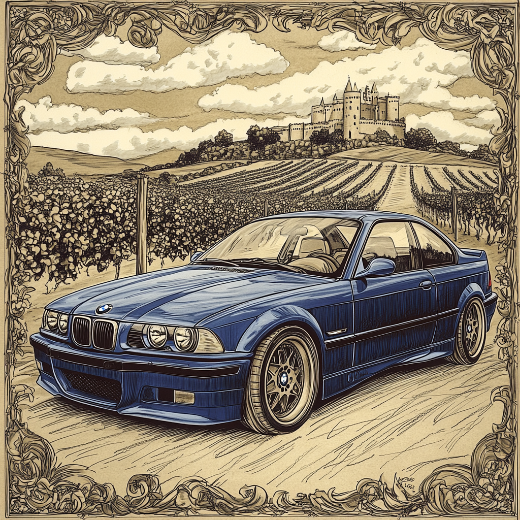 A Detailed Drawing of Classic Blue Car