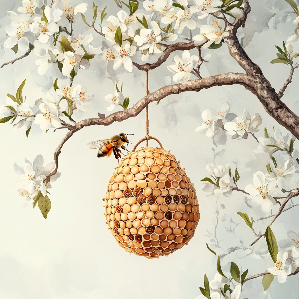 A Detailed Watercolor of Beehive on Flowering Tree