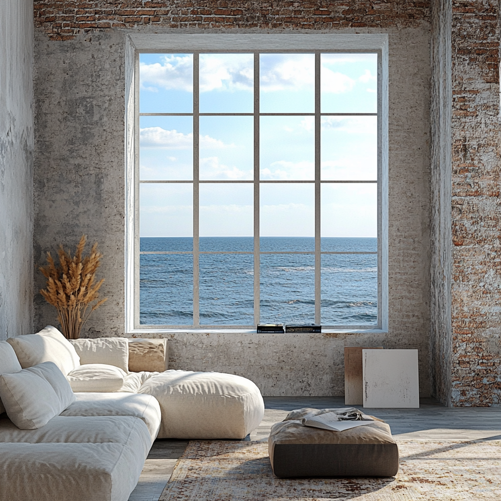 A Detailed Window in Warehouse Loft Overlooking Ocean