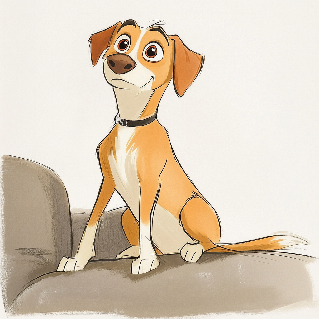 A Disney Pixar Style Medium-Sized Dog on Couch