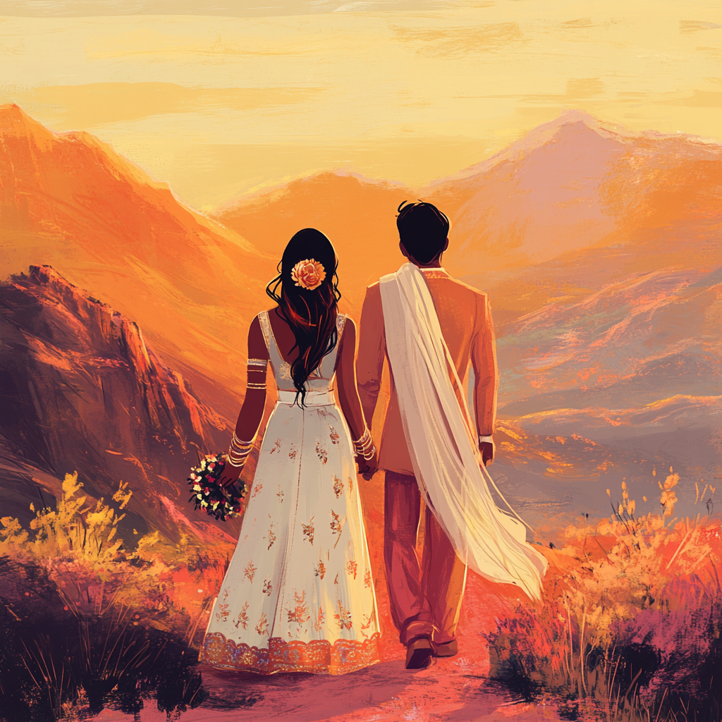 A Disney cartoon Indian wedding couple walking towards sunset