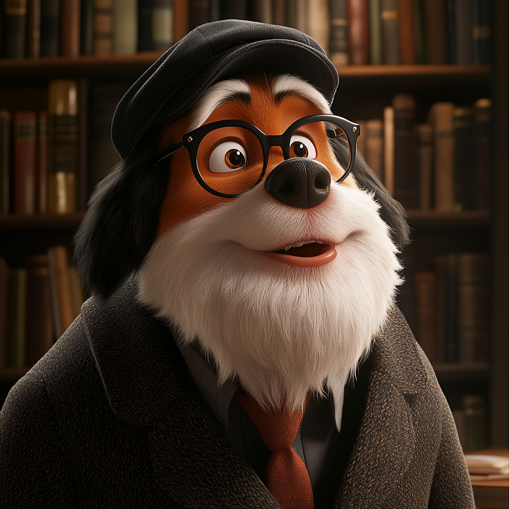 A Disney character portrait in a library setting.