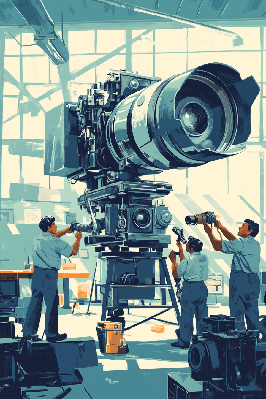 A Diverse Crew of Mechanics Repairing a Cinema Camera