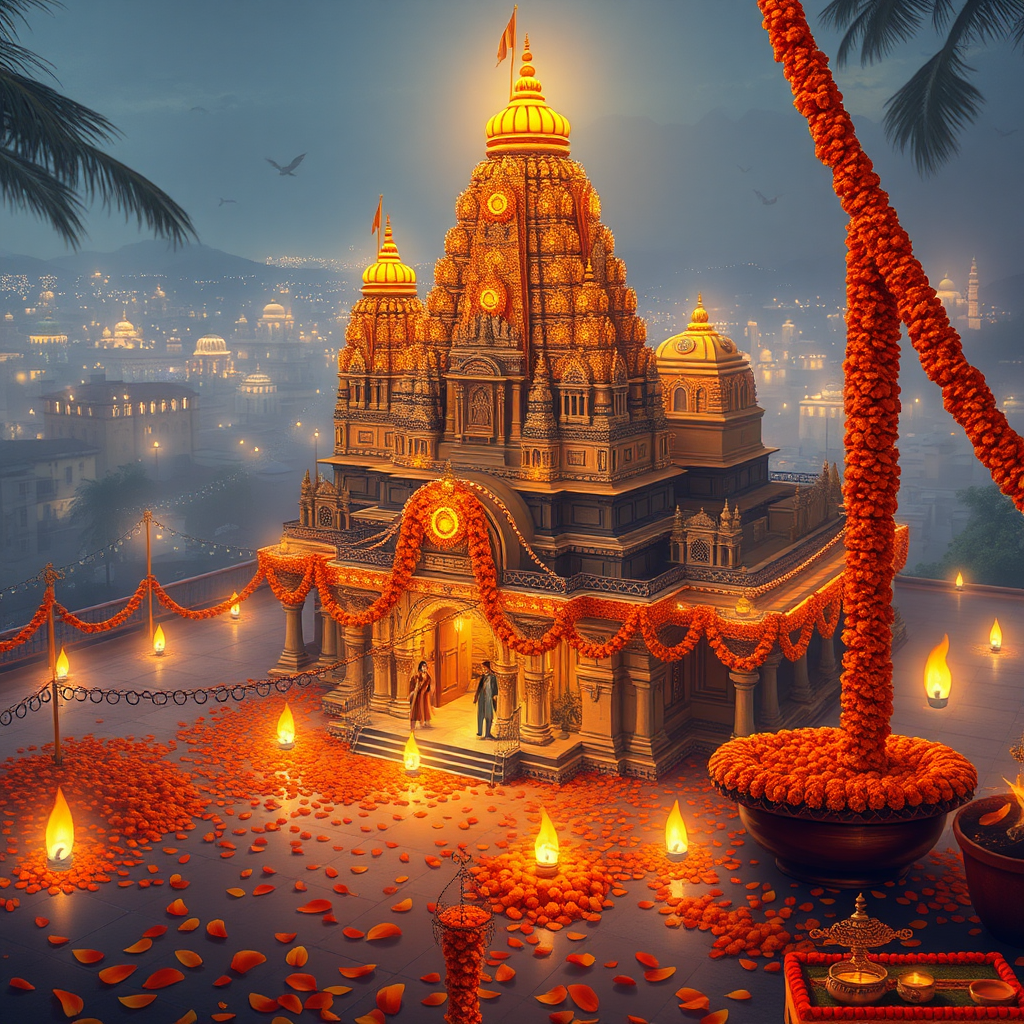 A Diwali Temple with Flowers, Lamps, City Lights.