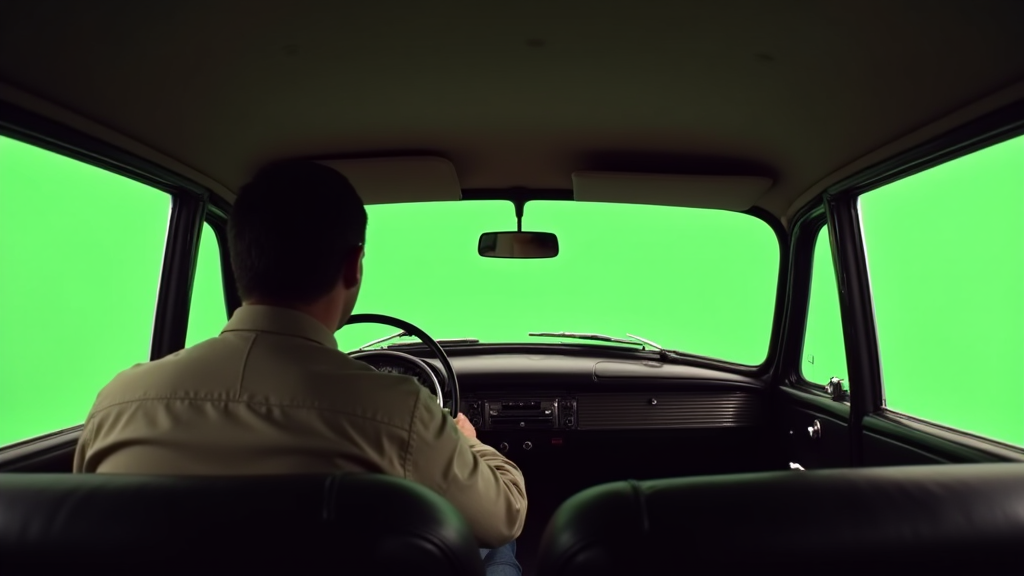 A Driver in old car with green screen windows.