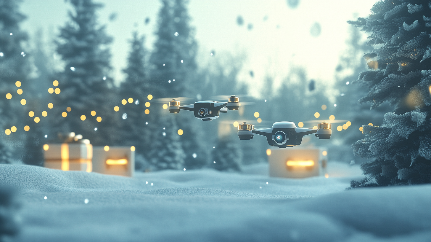 A Drone Delivering Gifts in Magical Winter Town