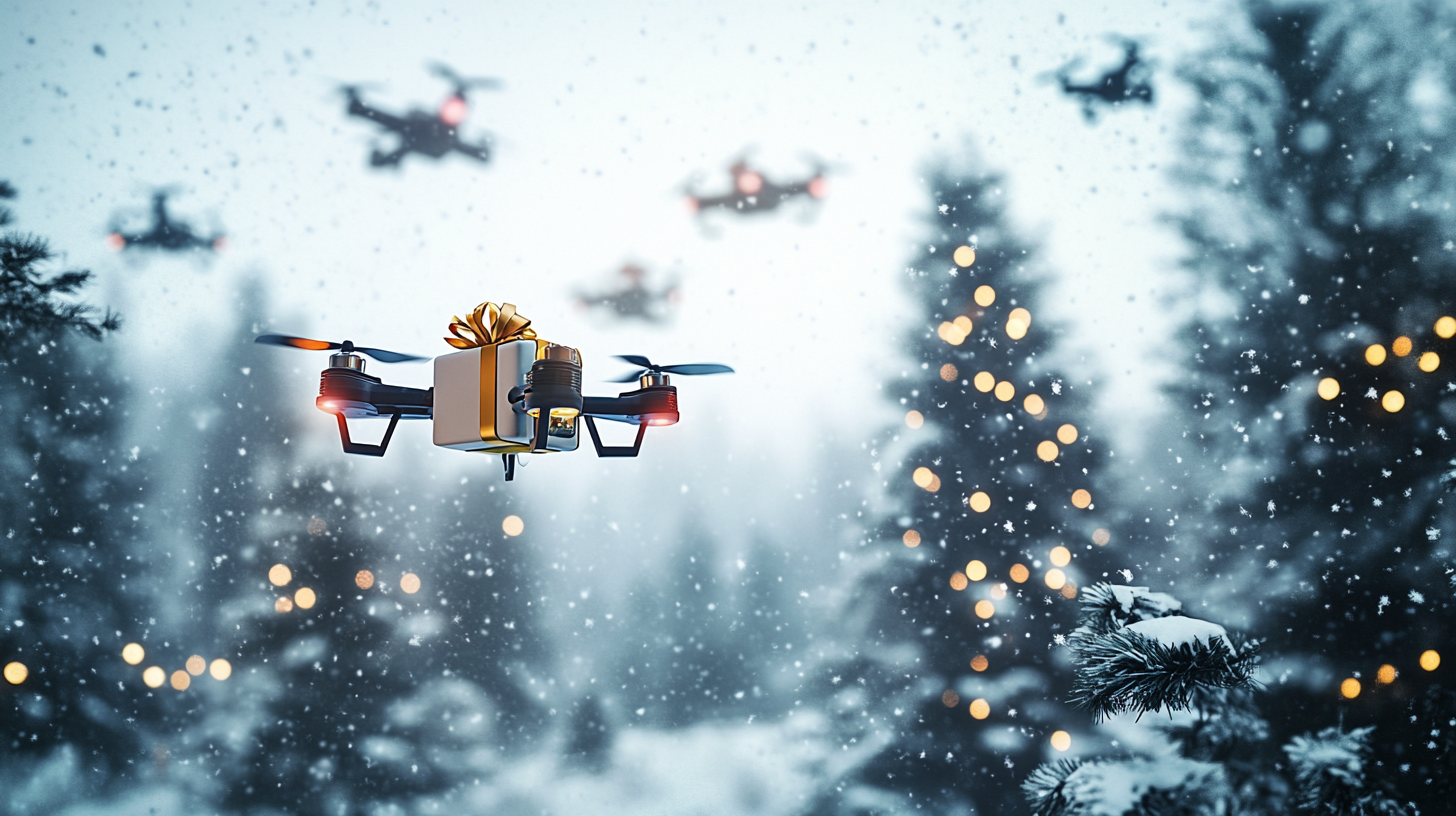 A Drone Delivering Gifts in a Winter Wonderland