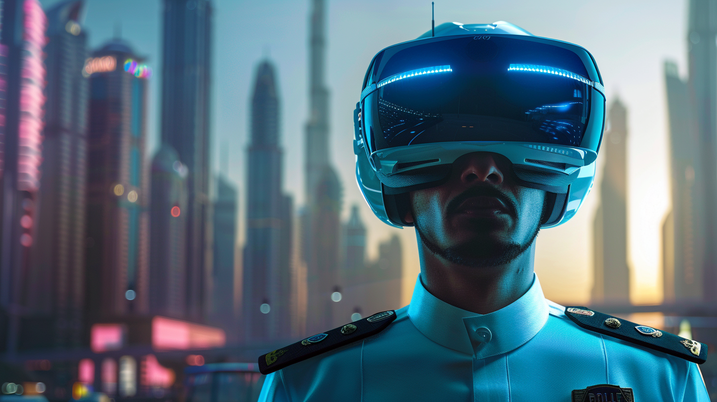 A Dubai police officer wears VR headset