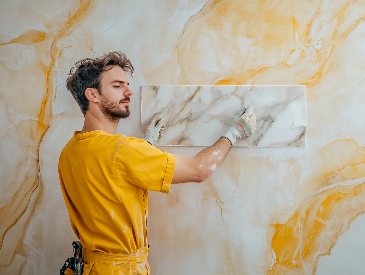 A European builder in yellow glues marble panel