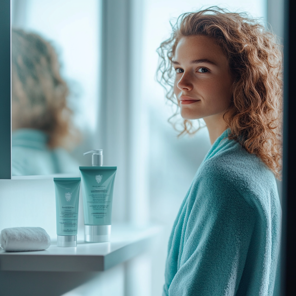 A European girl in modern bathroom with products.