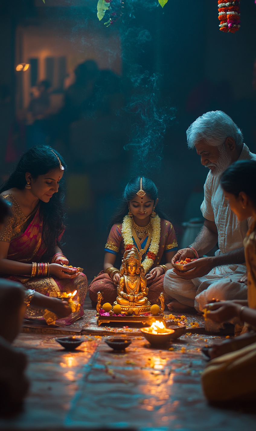 A Family Celebrates Diwali Puja with Goddess