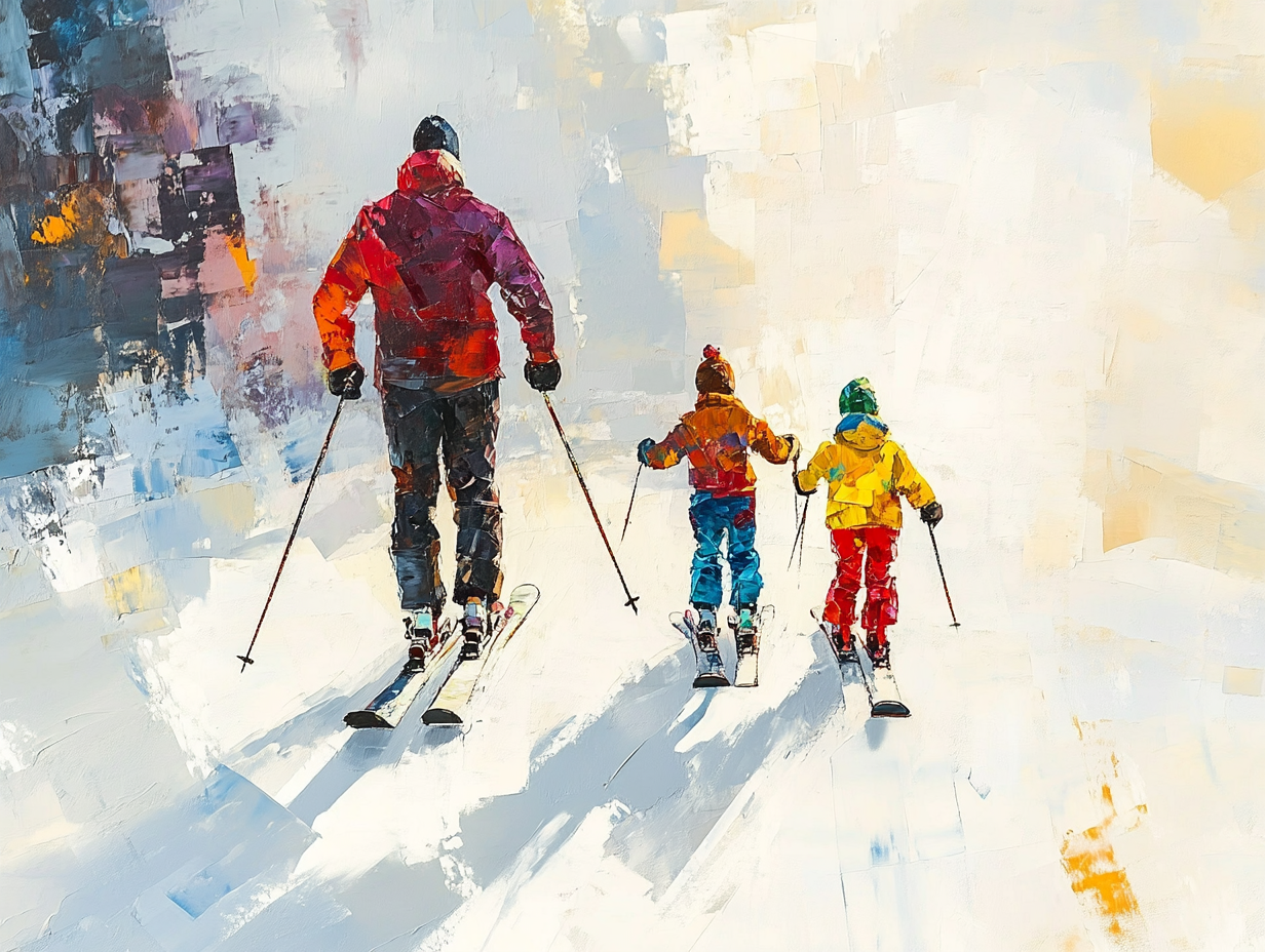 A Family Skiing Together in Abstract Style