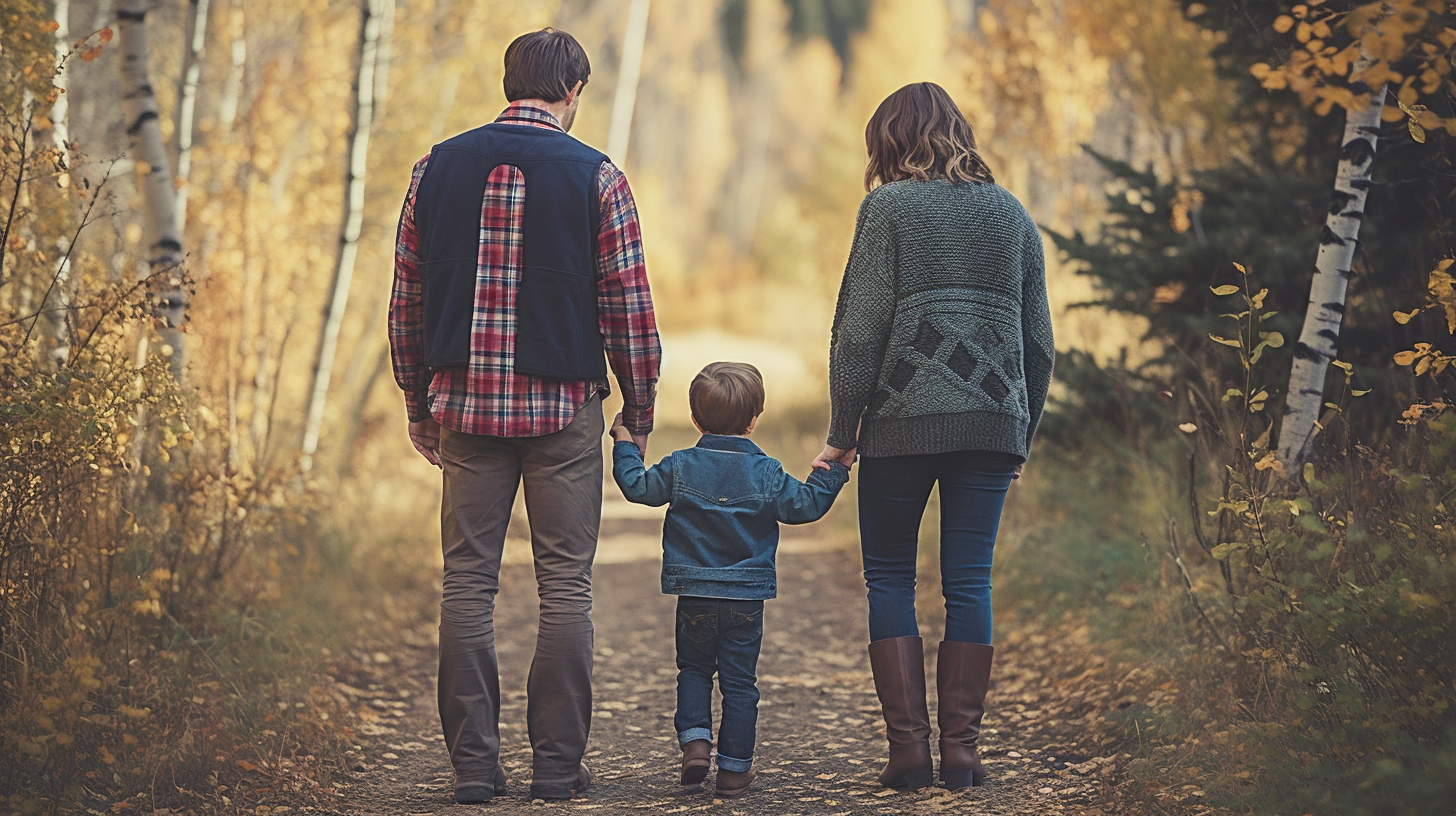 A Family in Forest: Parents, Child in Nature