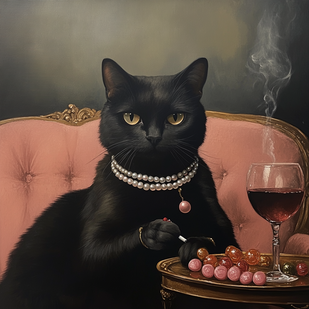 A Fancy Cat Relaxing with Wine and Candy.