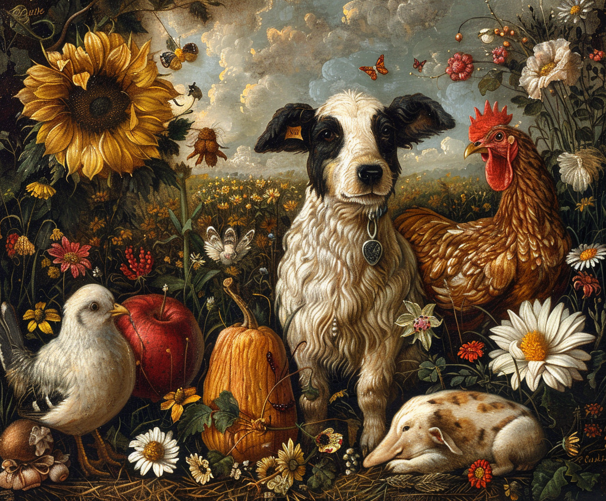 A Farmyard Painting with Animals in Naive Style