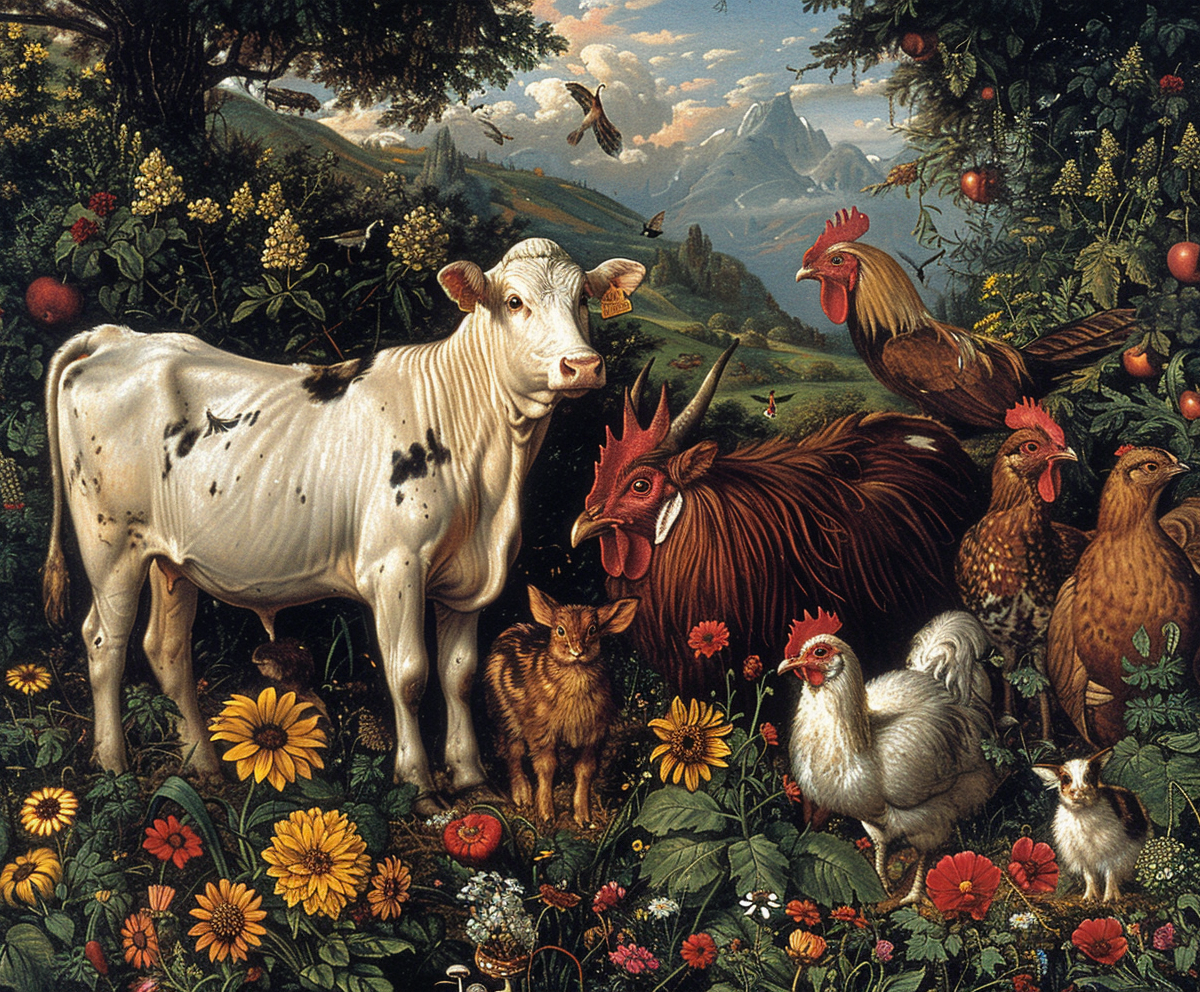 A Farmyard with Animals in a Naïve Style