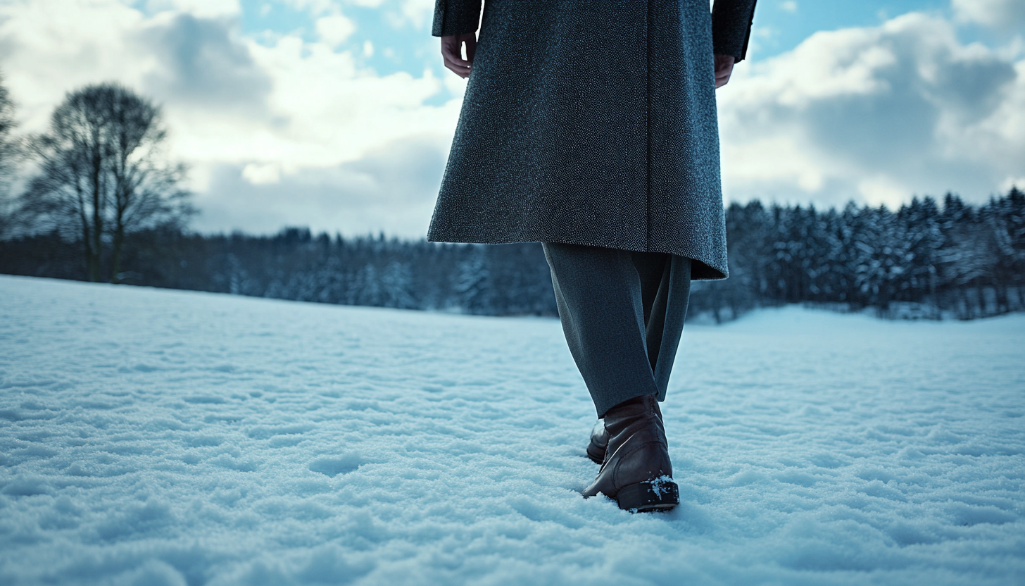 A Fashionable Lawyer Stands in Snowy Landscape