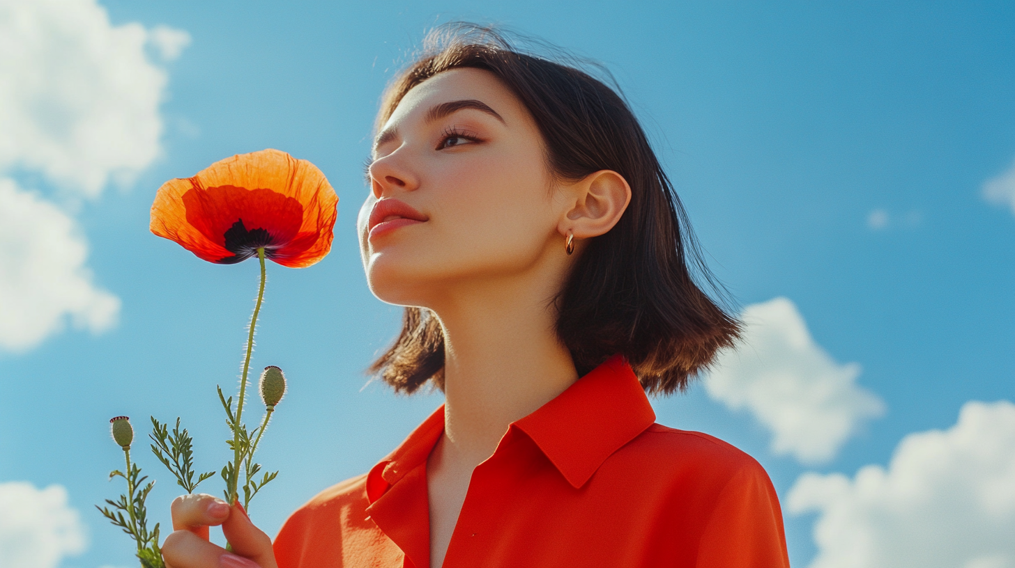 A Fashionable Woman Holding Poppy Flower Under Sky