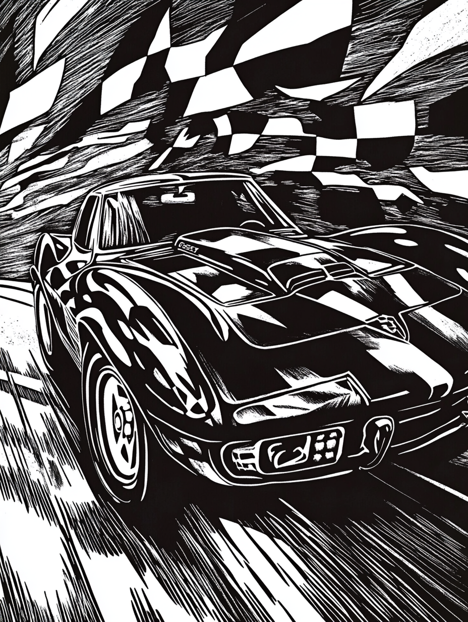 A Fast Corvette Racing in Classic Woodcut Style