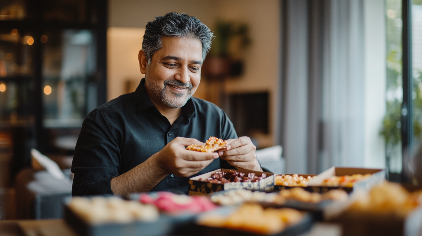 A Father Enjoying Indian Sweets at Home