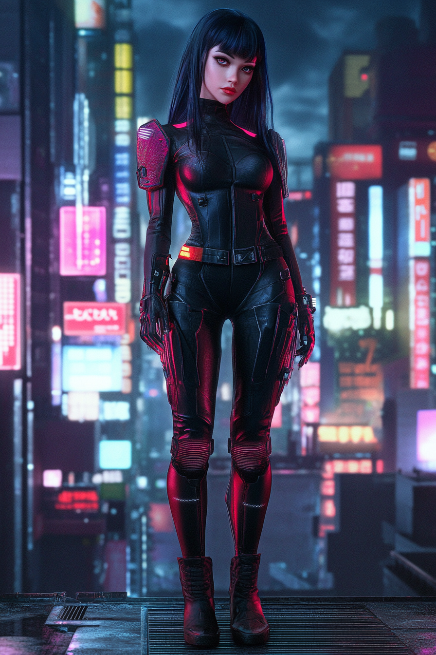 A Female Cyberpunk Character in City at Night