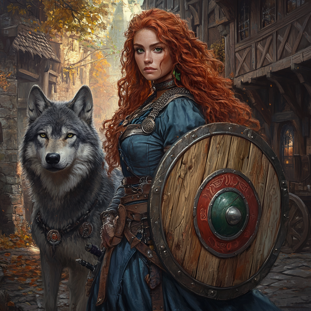 A Female Druid with Red Hair and Wolf