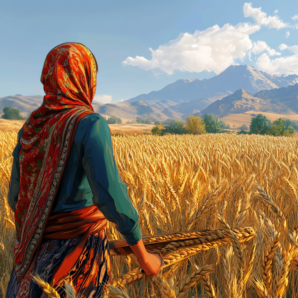 A Female Farmer in Vibrant Outfit Harvests Wheat.