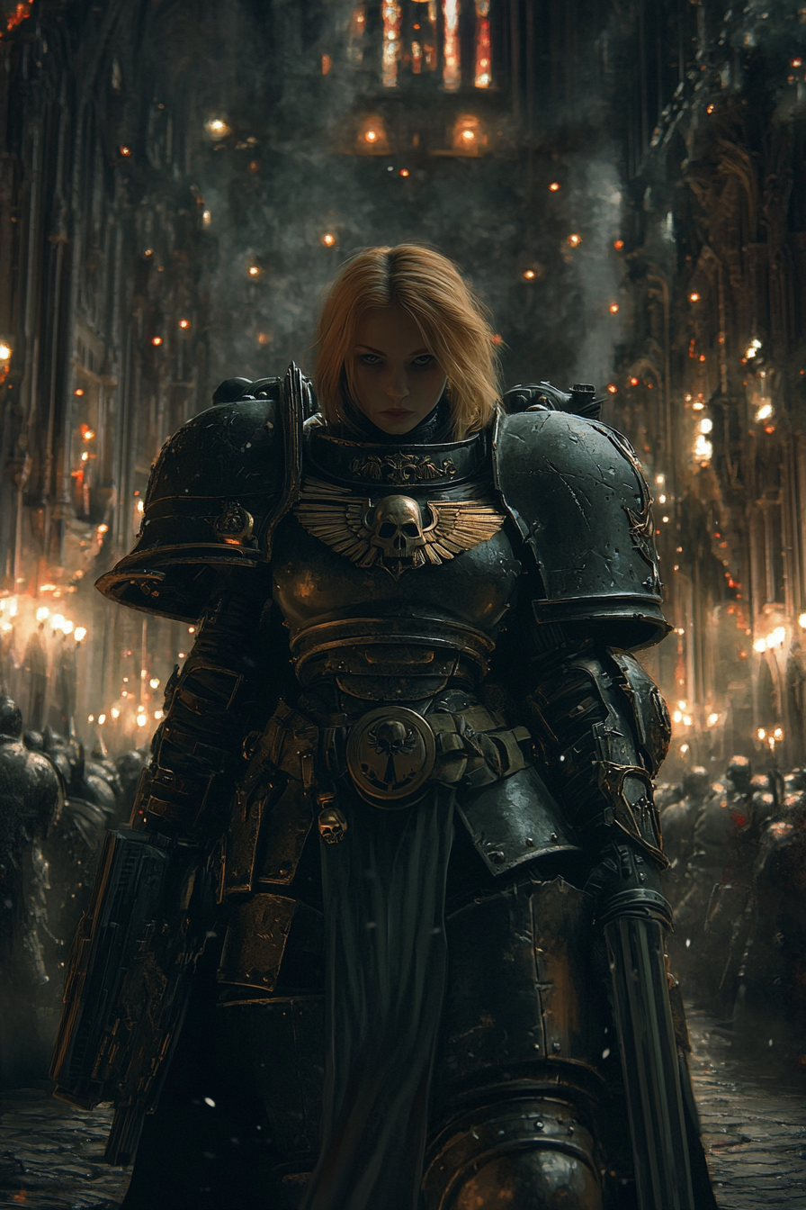 A Female Soldier in Power Armor in Dark Cathedral