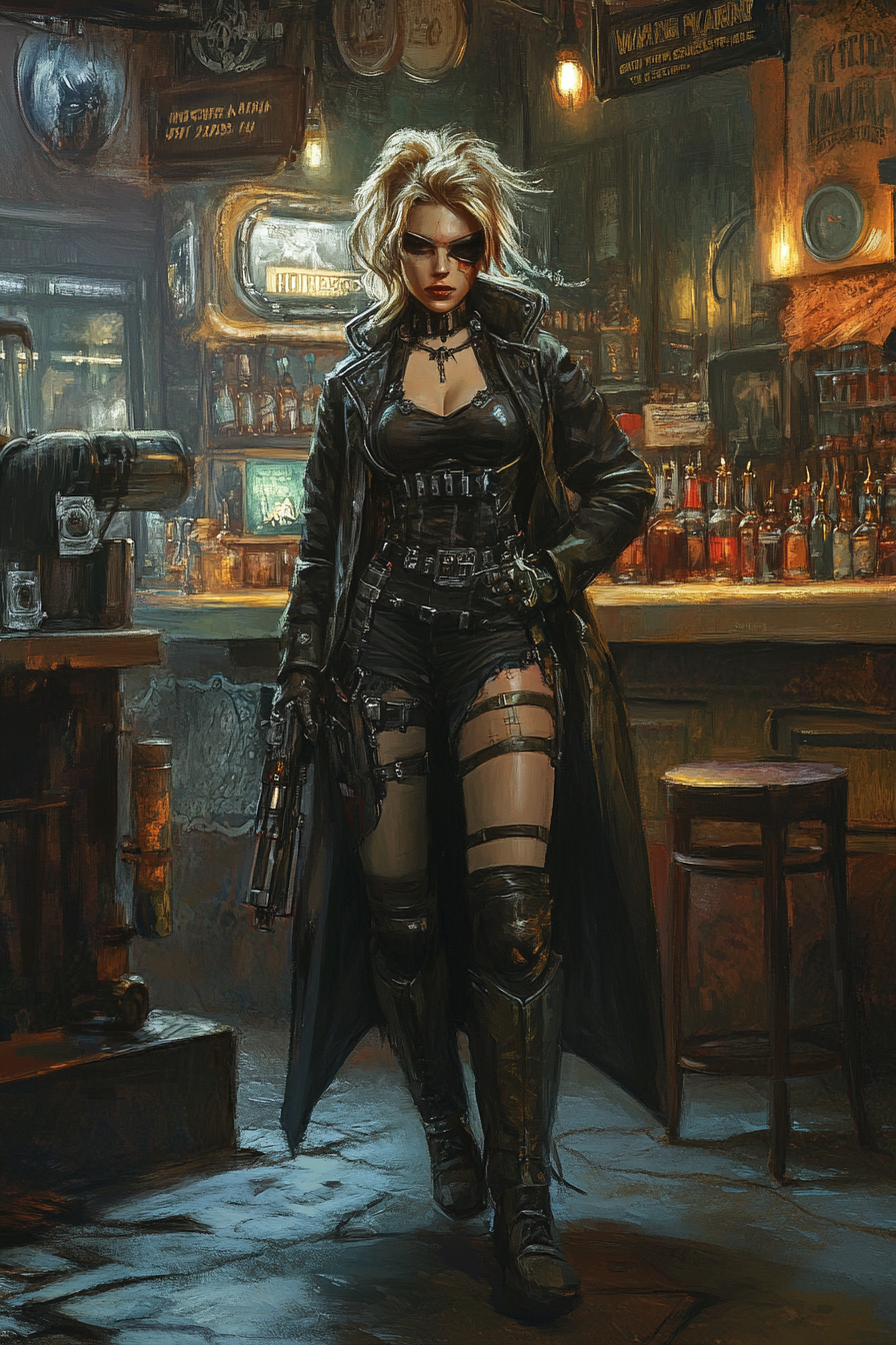 A Female Warhammer 40K Hive Ganger in Street Clothes.