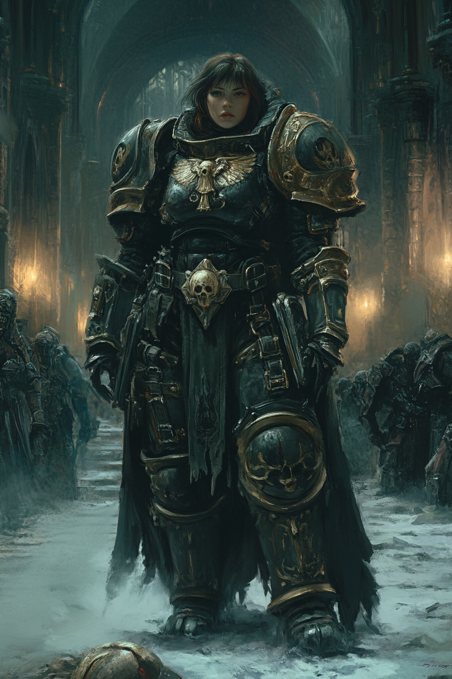 A Female Warrior in Dark Armor in Gothic Cathedral.