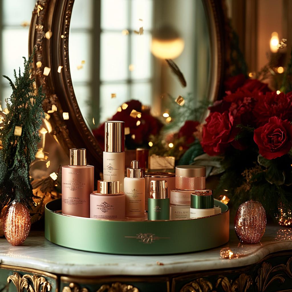 A Festive Beauty Product Display in Gold Room