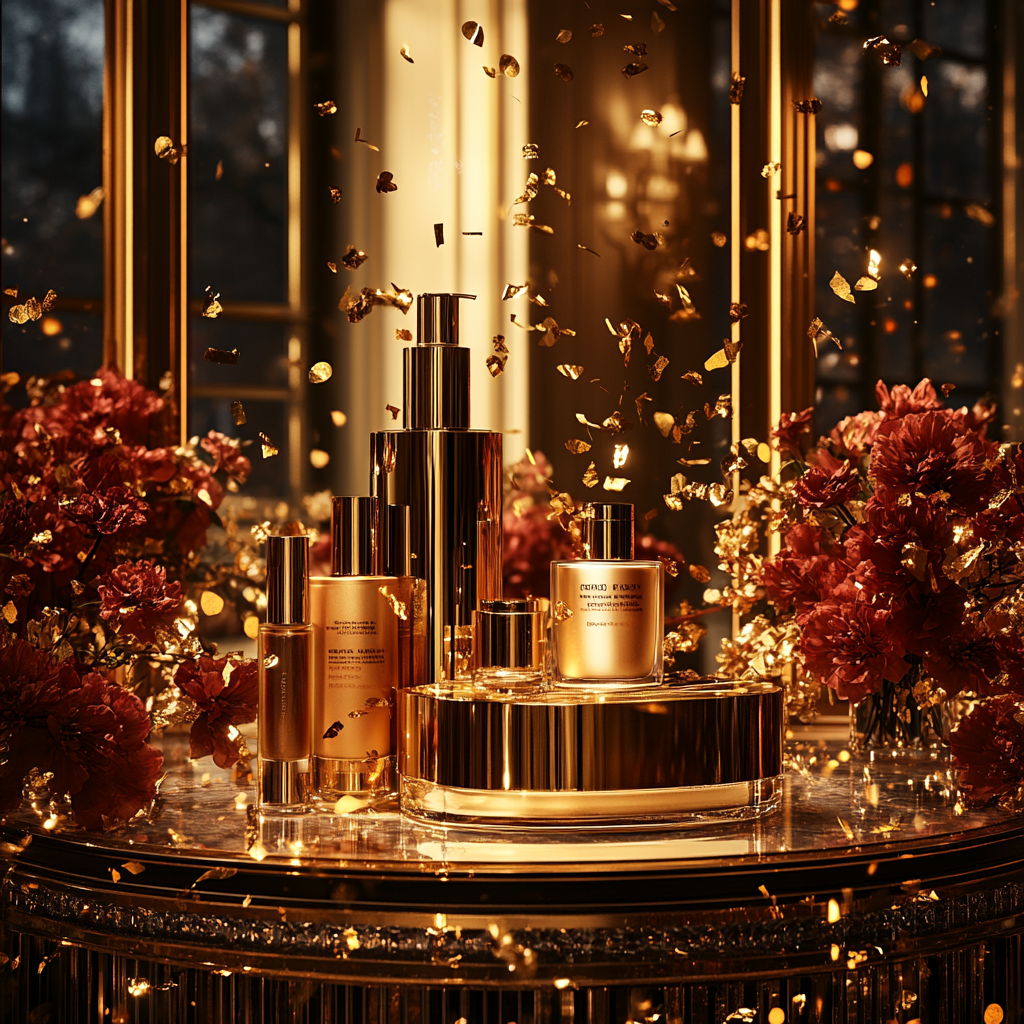 A Festive Beauty Product Showcase in Gold Room