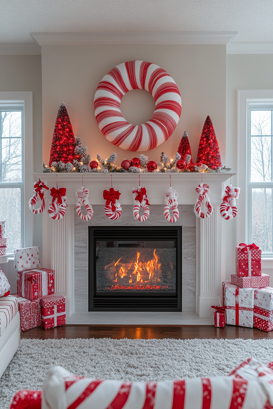 A Festive Candy Cane Fireplace Mantle Display