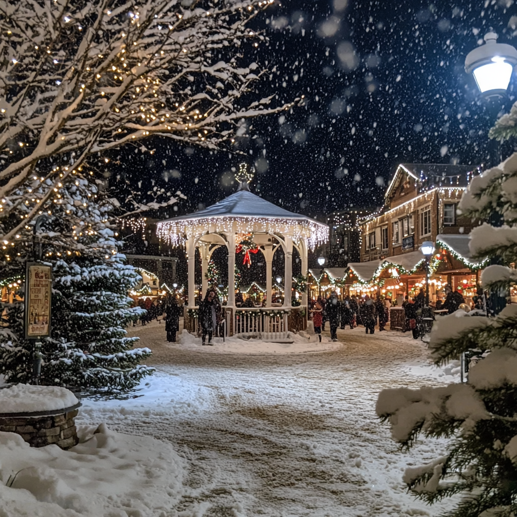 A Festive Christmas Town Square with Sparkly Decorations