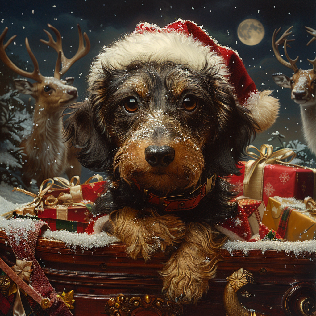 A Festive Dachshund in Santa Sleigh Scene