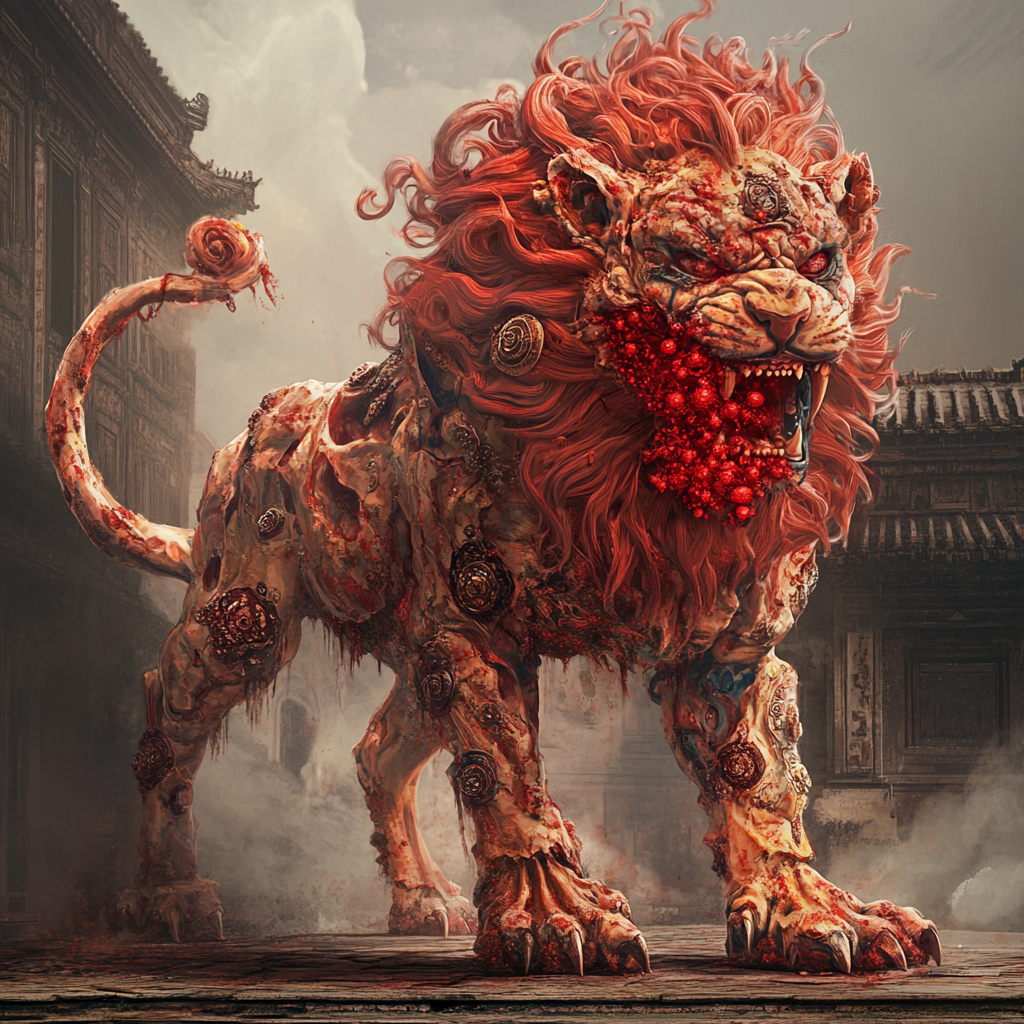 A Fierce Chinese Lion with Red Insectoids Curse