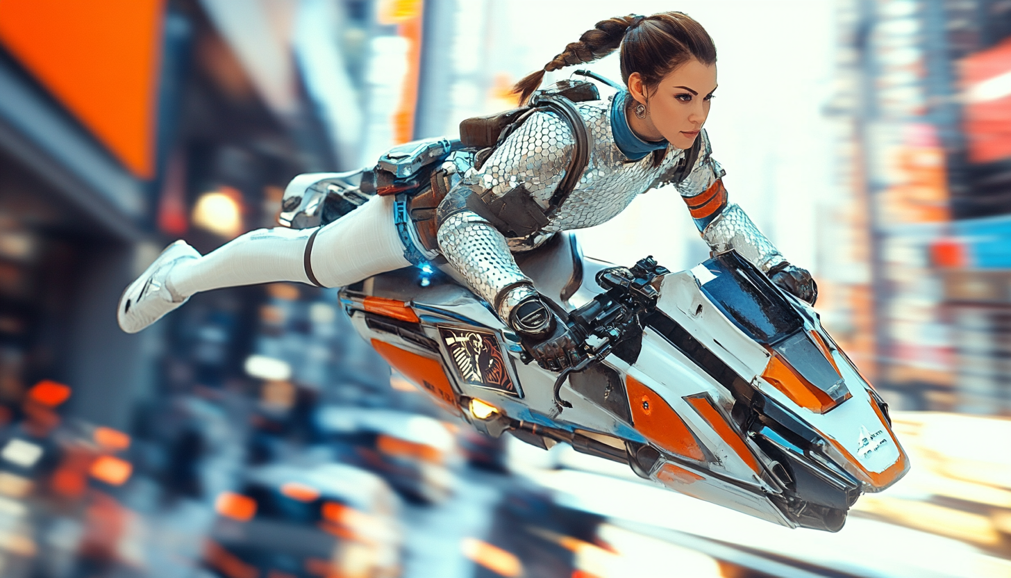 A Fierce Woman Riding Futuristic Bike in City