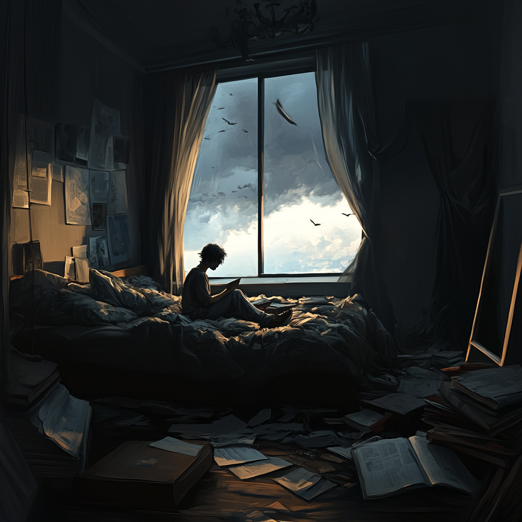 A Figure Sits on Bed Surrounded by Books