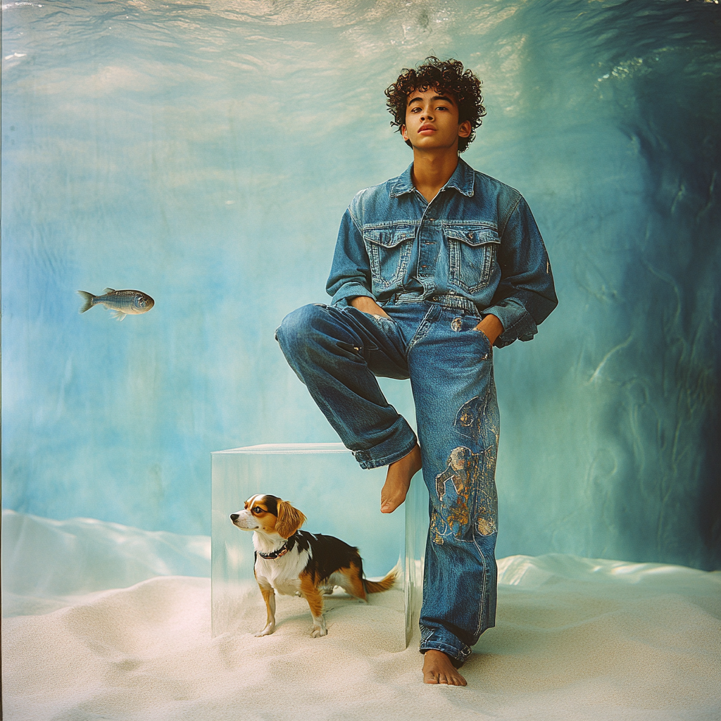 A Filipino-American boy in denim on beach with dog