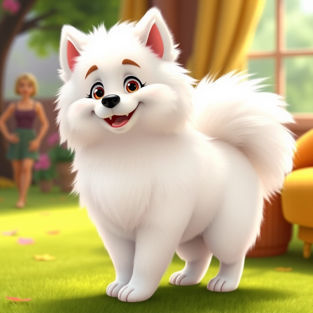 A Fluffy American Eskimo Dog in Pixar Style