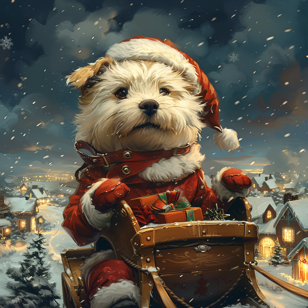 A Fluffy Santa Dog in Festive Winter Wonderland