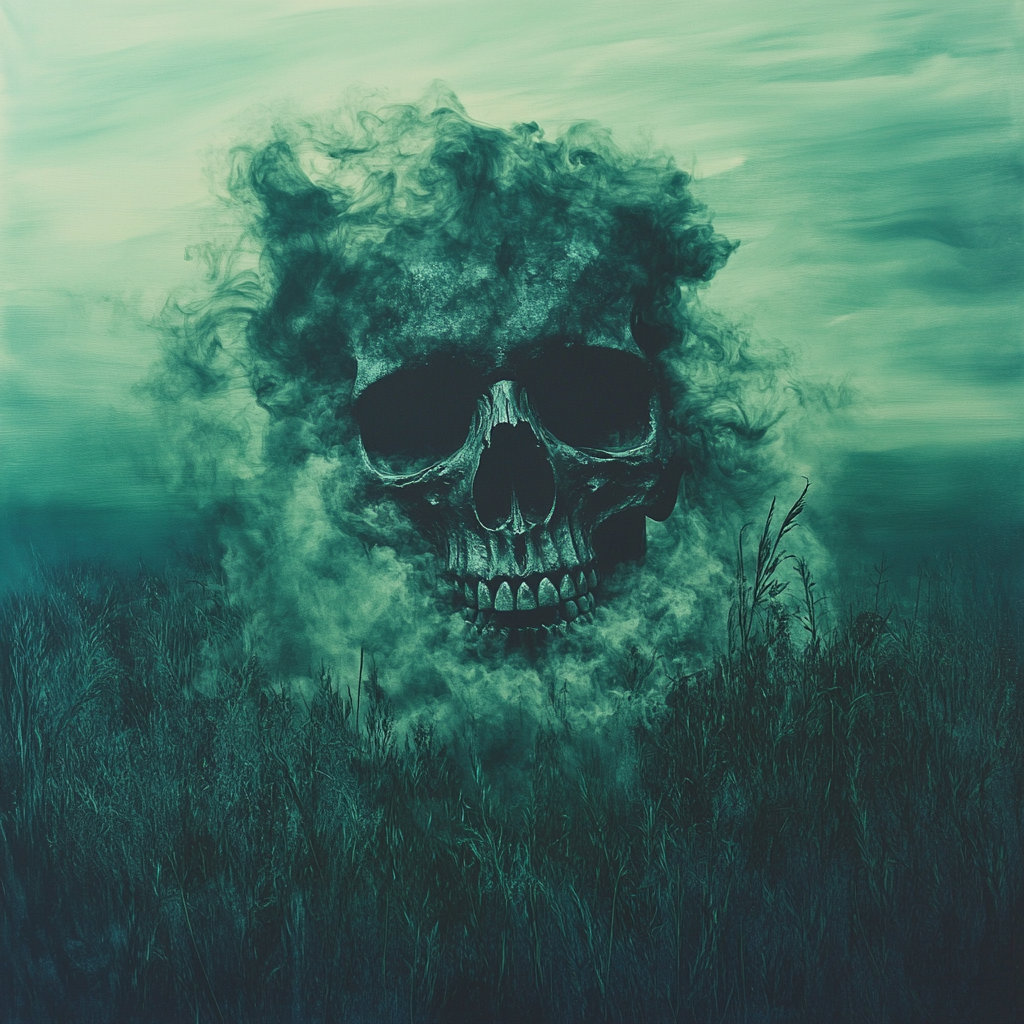 A Foggy Evil Skull Creeping Through Meadow