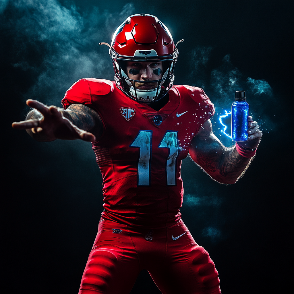 A Football player holds blue lightning in epic photo.